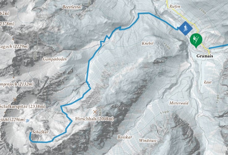 Skitourenkarte von Gramais auf das Schafkar